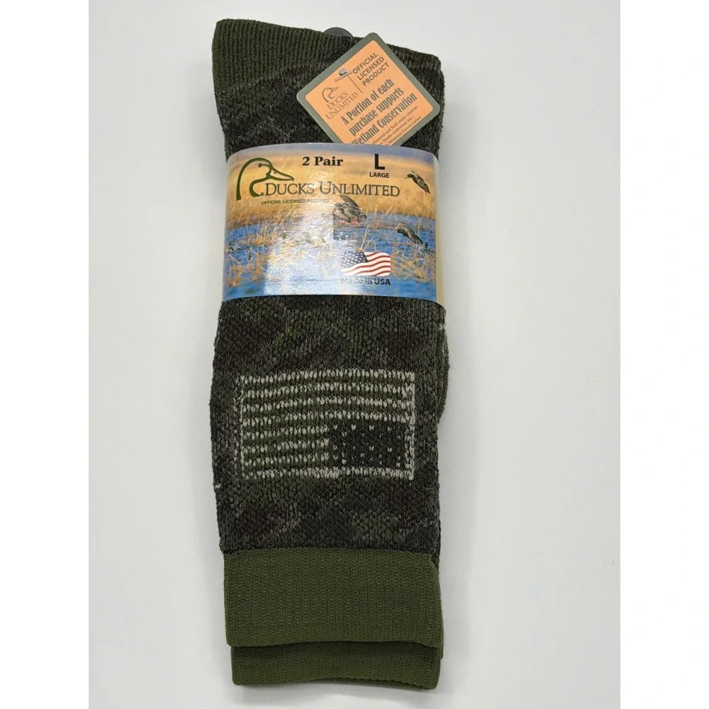 DUCKS‎ UNLIMITED CAMO 2 PK MENS CREW SOCKS MERINO WOOL Blend NWT Size L USA